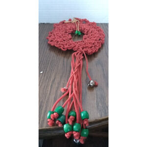 Red Vintage Handmade Crocheted Wreath With Bells